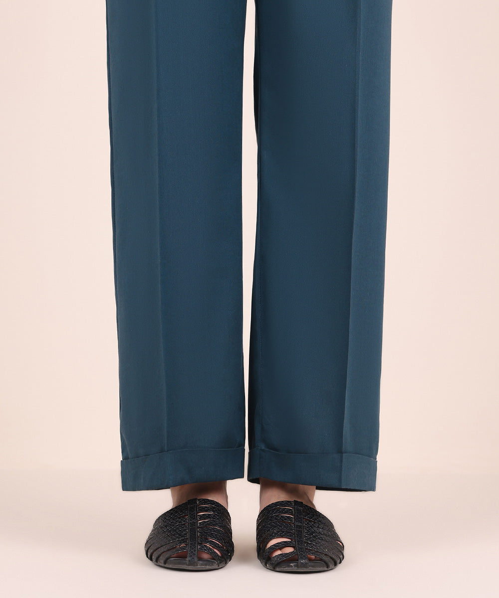 Women's Pret Cotton Viscose Blue Solid Straight Pants