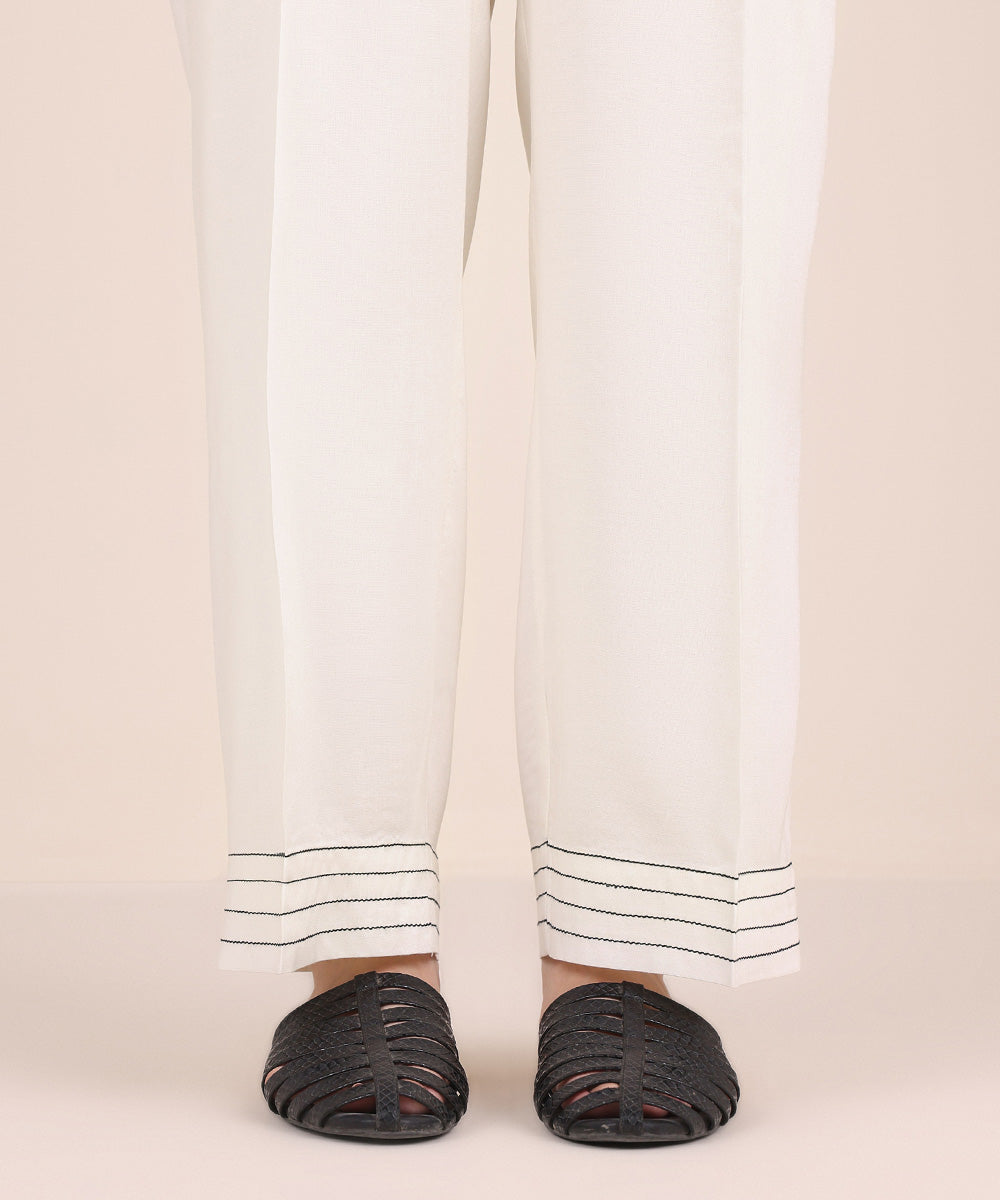 Women's Pret Linen Off White Solid Straight Pants