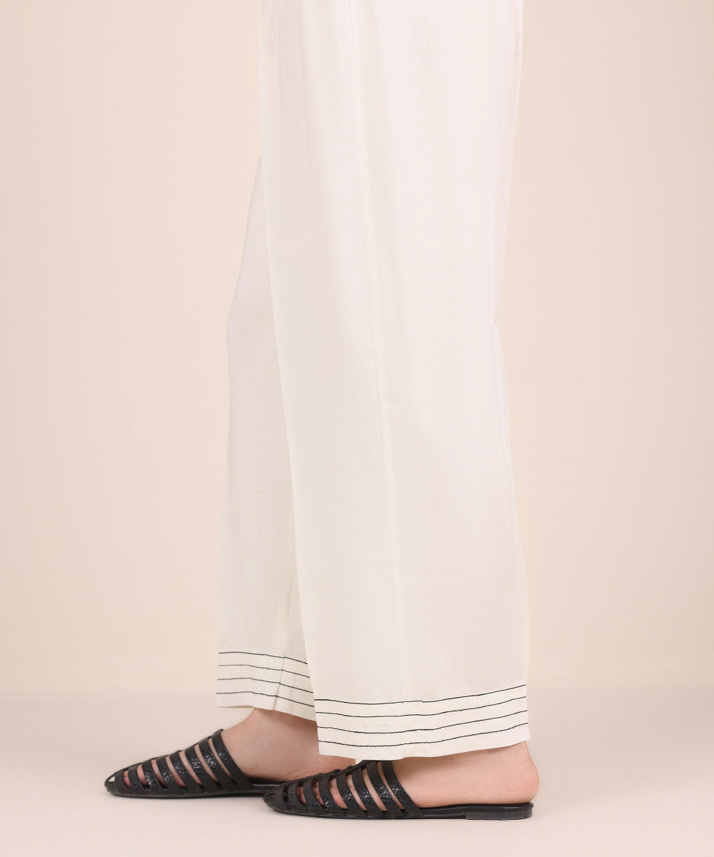 Women's Pret Linen Off White Solid Straight Pants