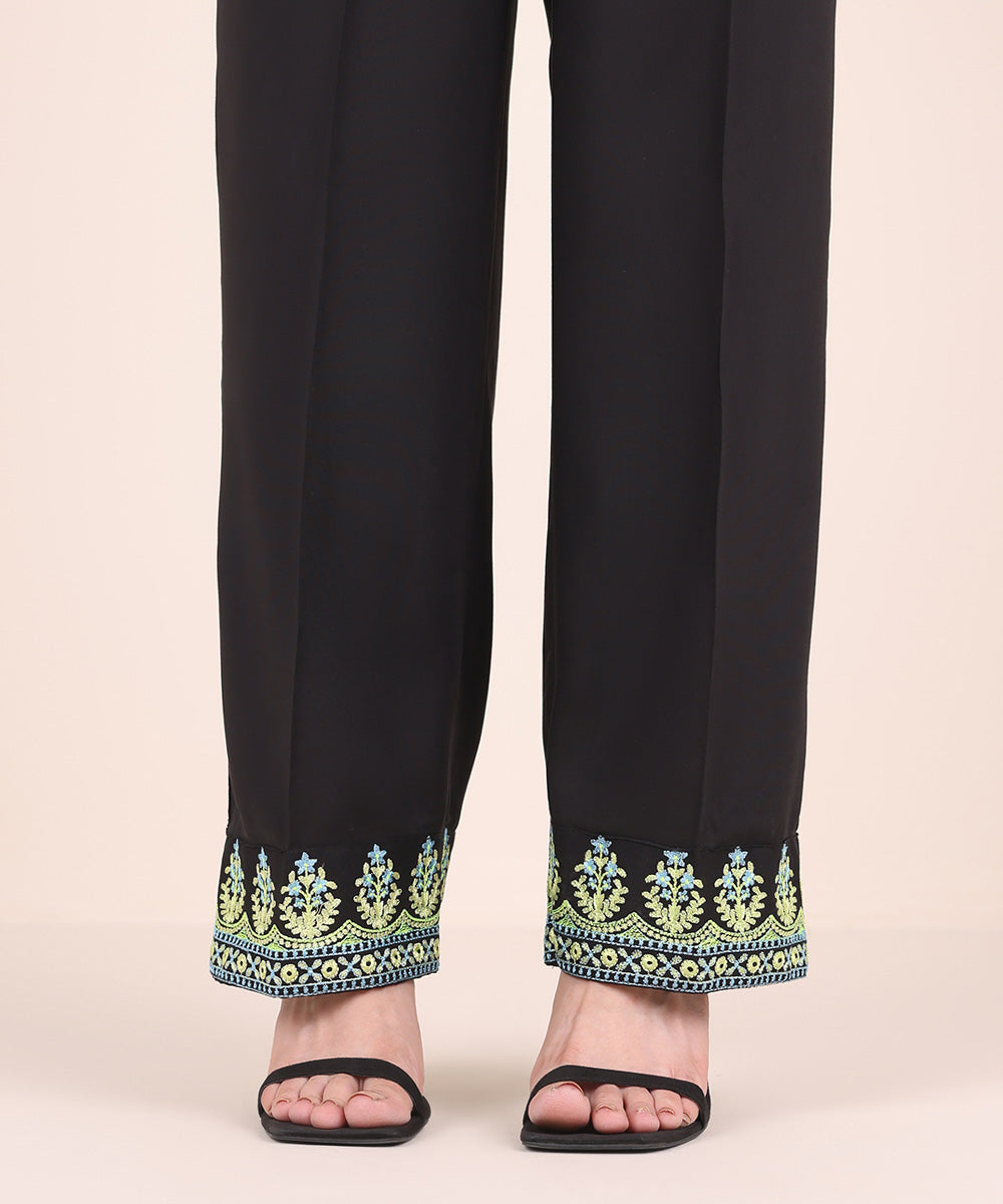 Women's Pret Linen Black Embroidered Straight Pants