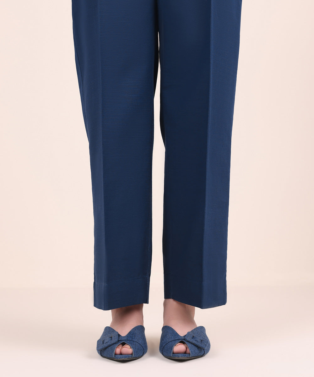 Women's Pret Khaddar Blue Solid Straight Pants