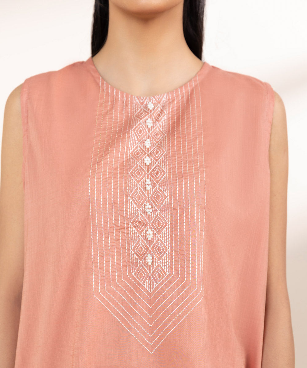 Women's Pret Cross Hatch Pink Embroidered A-Line Shirt