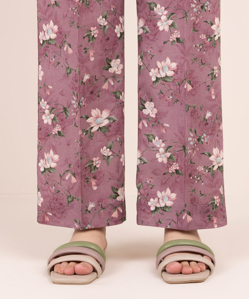 Women's Pret Cambric Purple Printed Straight Pants