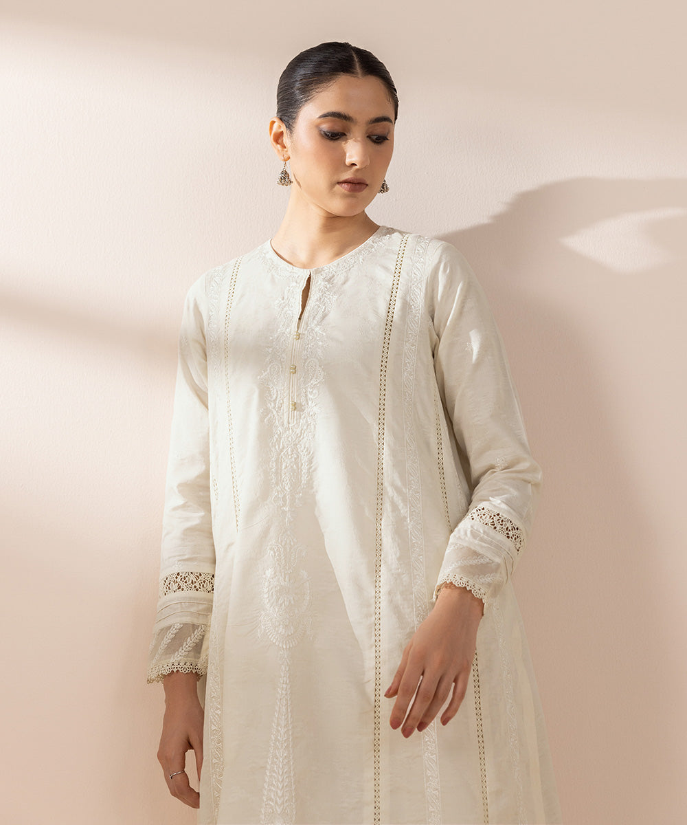 Women's Pret Cotton Jacquard Off White Solid Embroidered A-Line Shirt