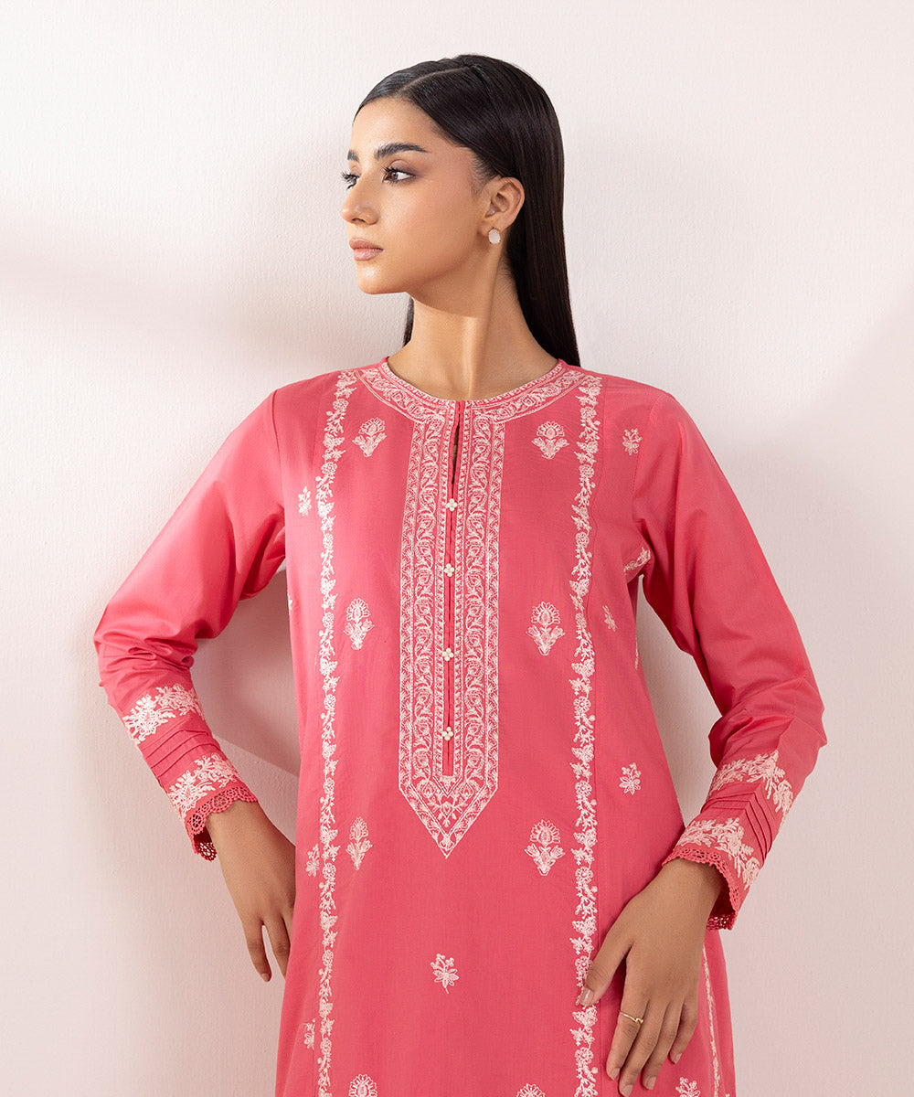 Women's Pret Cambric Embroidered Pink A-Line Shirt