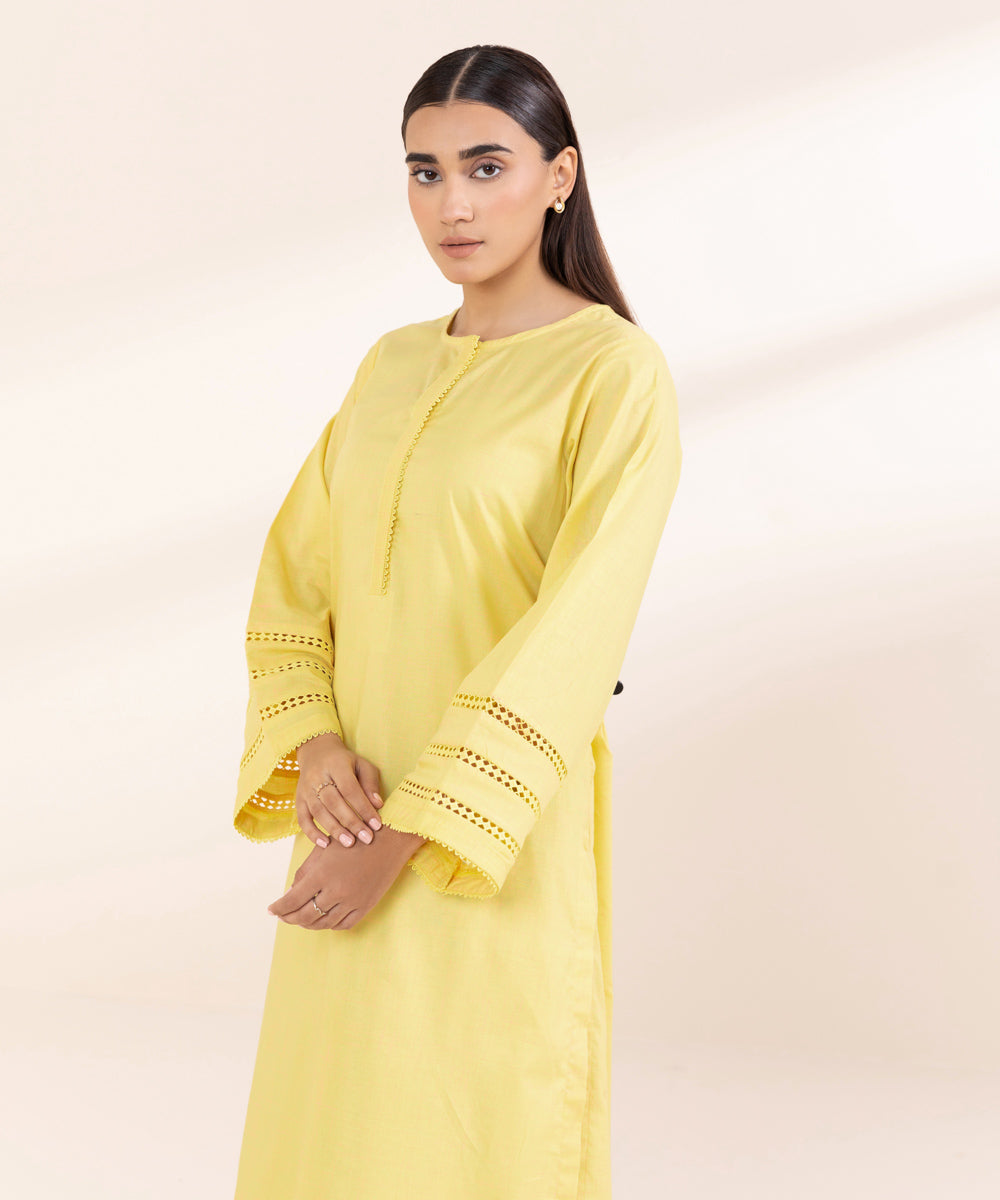 Women's Pret Textured Cotton Yellow Solid A-Line Shirt