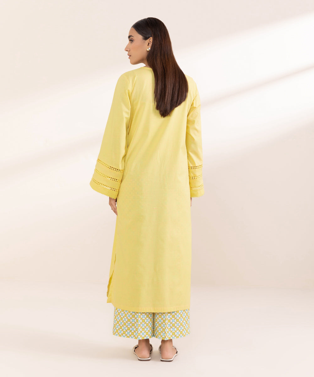 Women's Pret Textured Cotton Yellow Solid A-Line Shirt