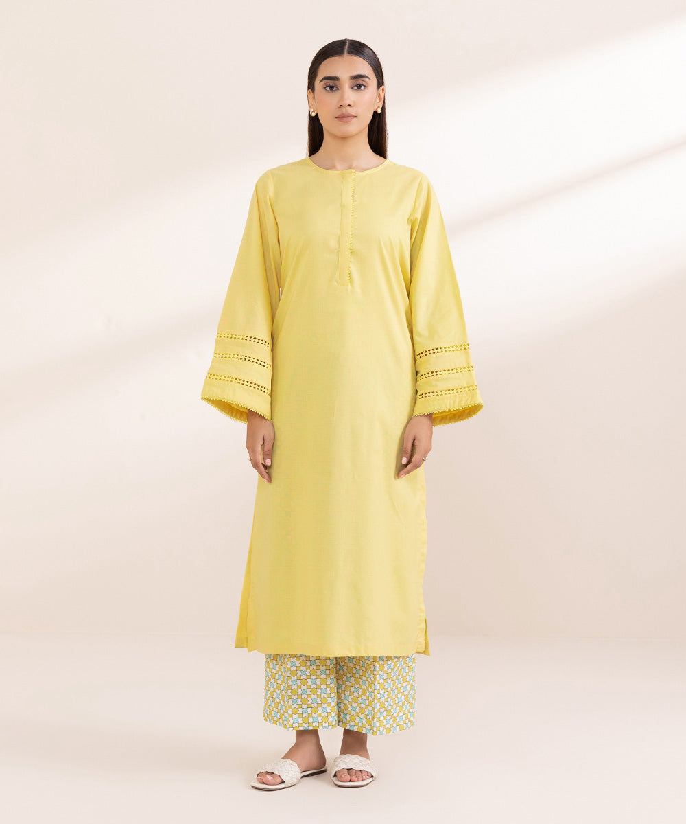 Women's Pret Textured Cotton Yellow Solid A-Line Shirt