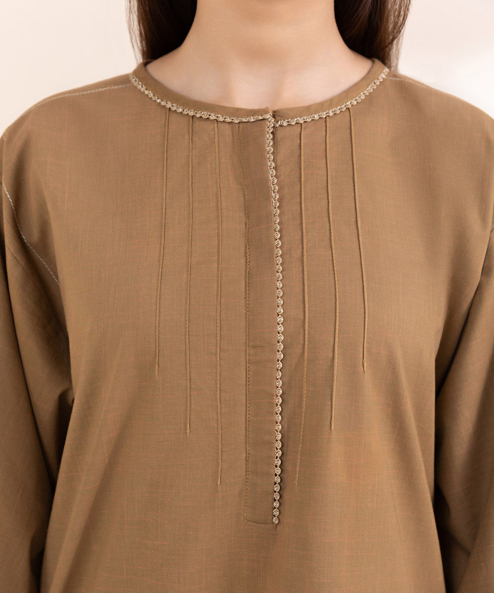 Women's Pret Textured Cotton Brown Solid Straight Shirt