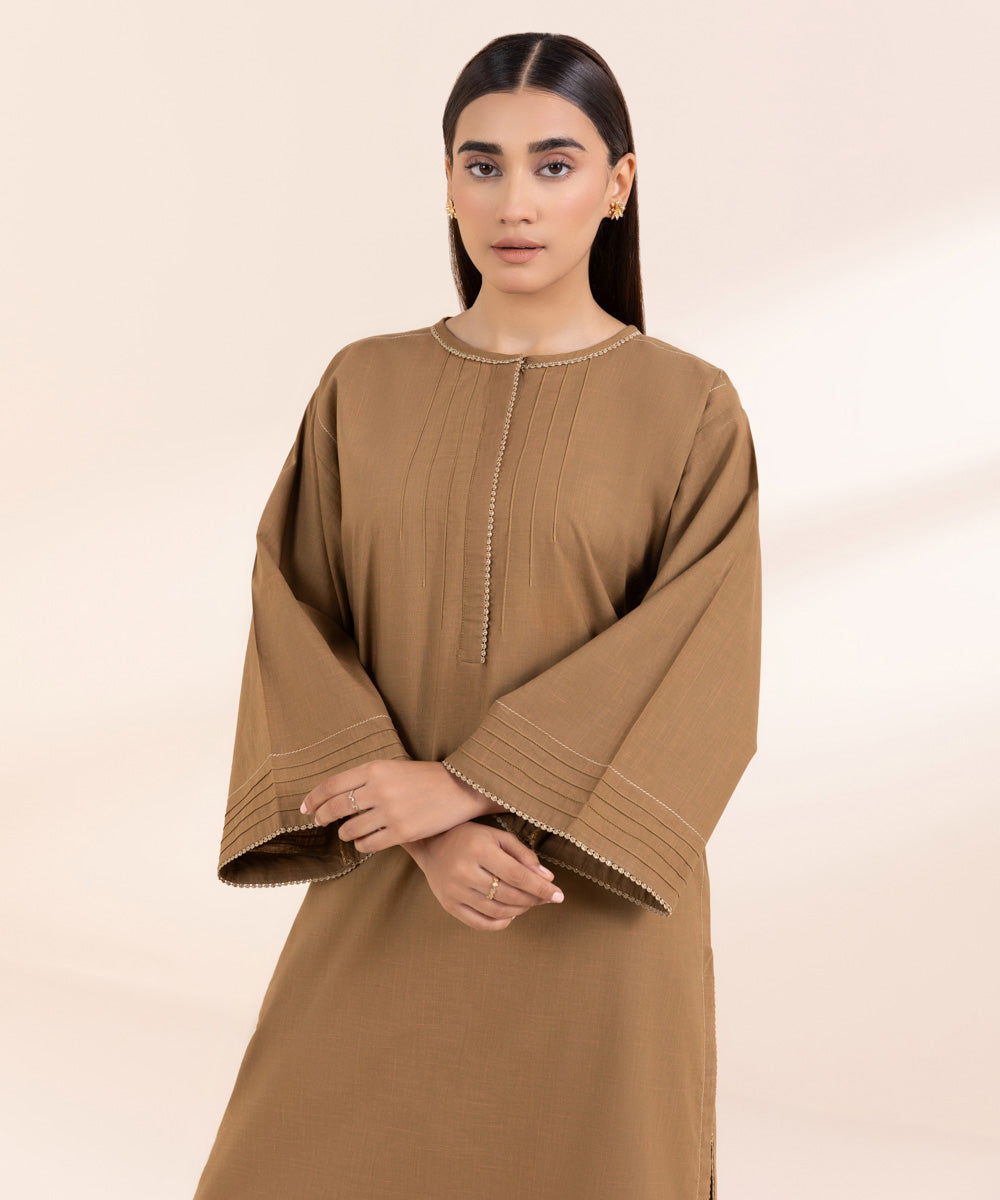 Women's Pret Textured Cotton Brown Solid Straight Shirt