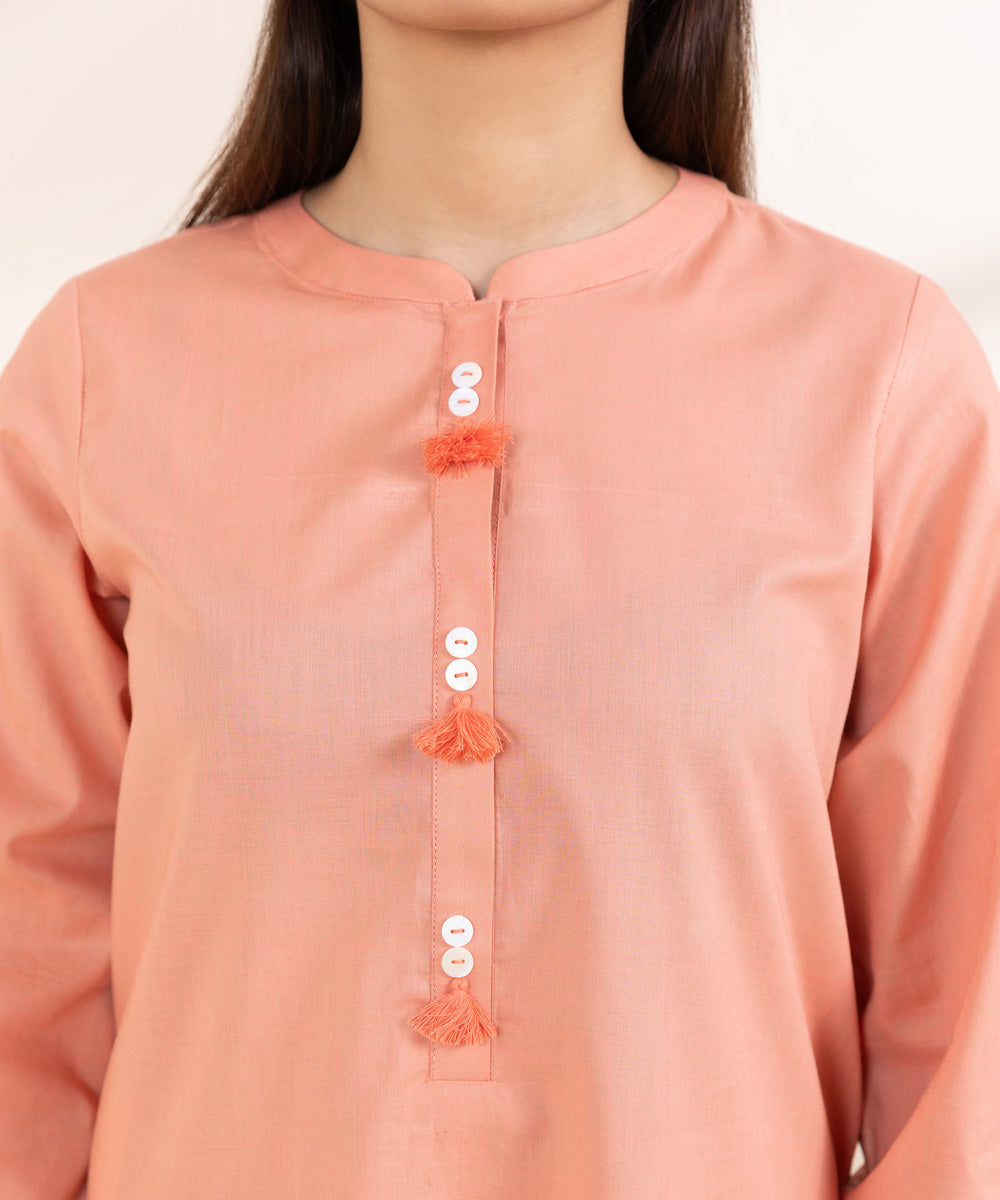 Women's Pret Textured Cotton Pink Solid Straight Shirt