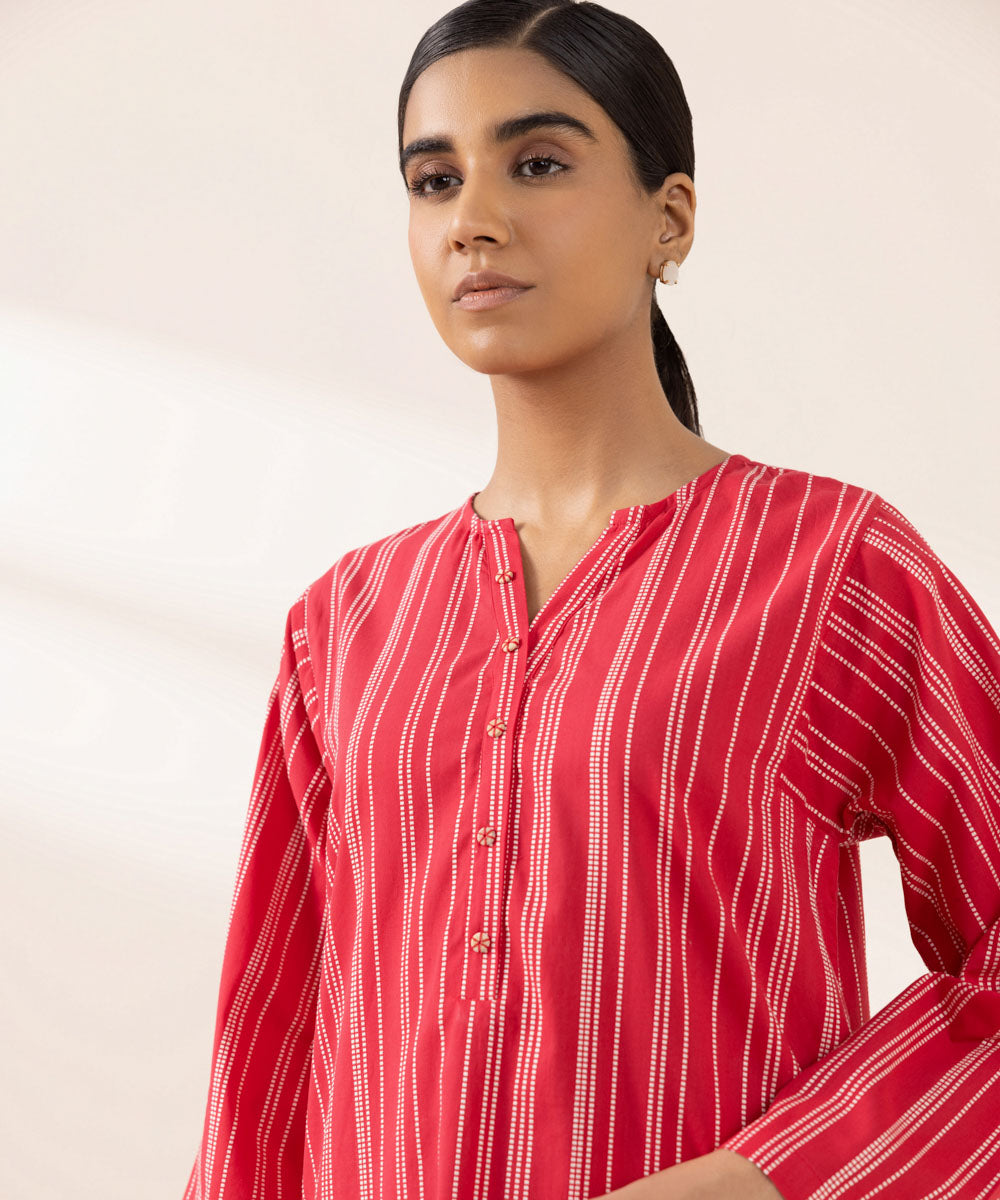 Women's Pret Yarn Dyed Solid Red Boxy Shirt