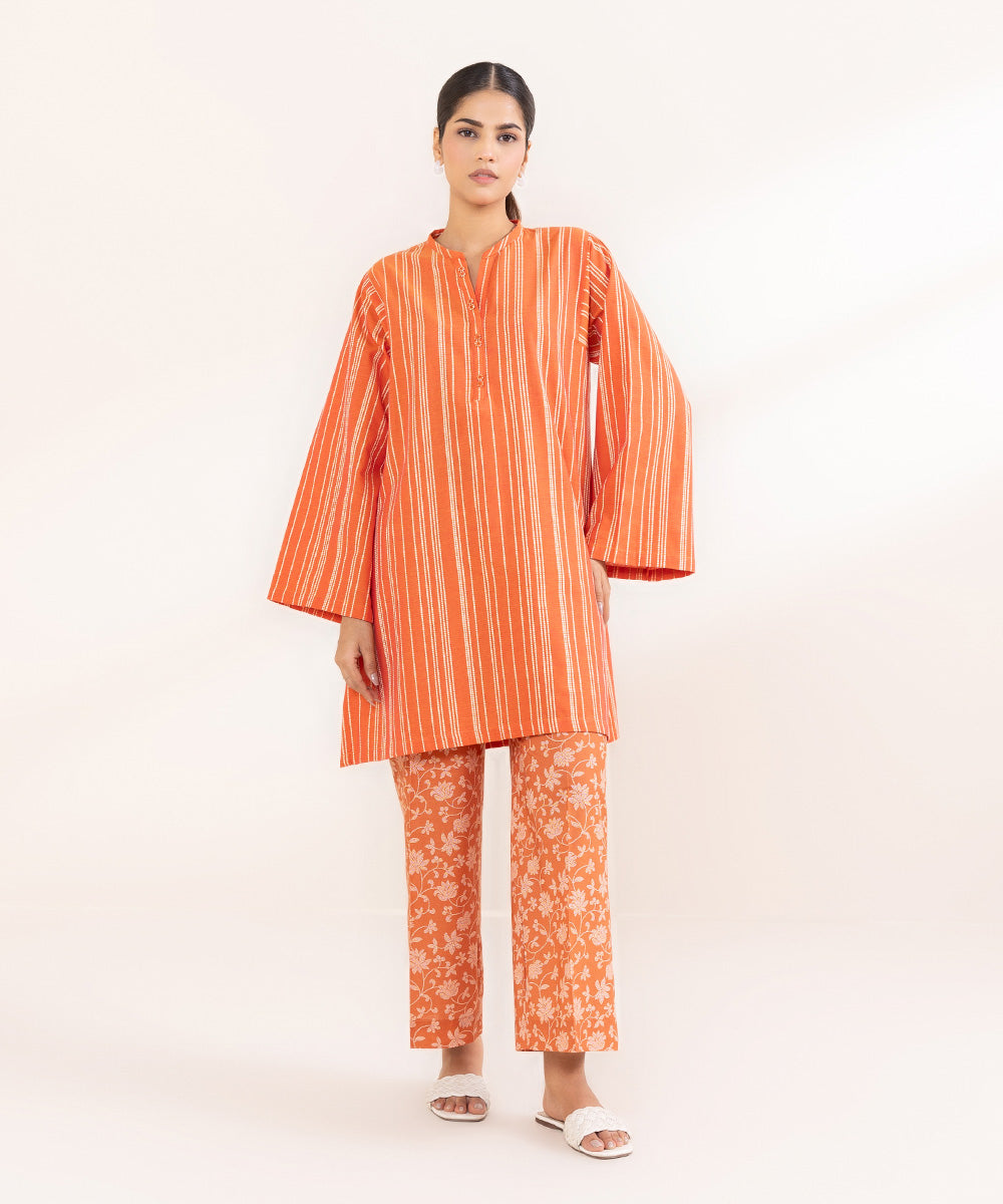 Women's Pret Yarn Dyed Solid Orange Boxy Shirt