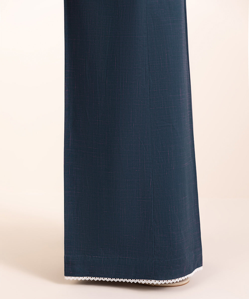 Women's Pret Textured Cotton Blue Solid Flared Pants