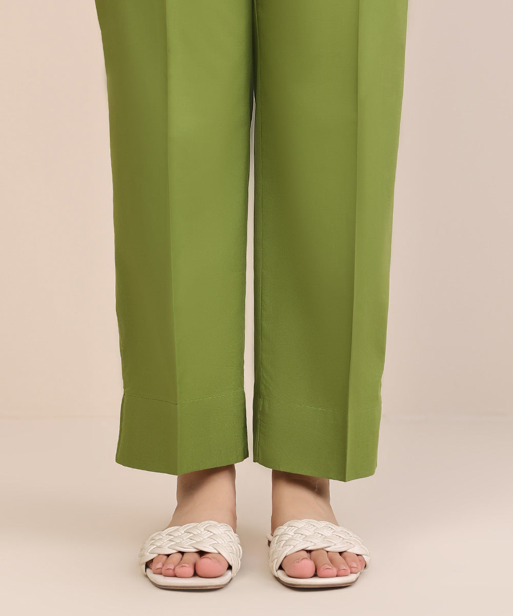 Women's Pret Cambric Green Solid Straight Pants