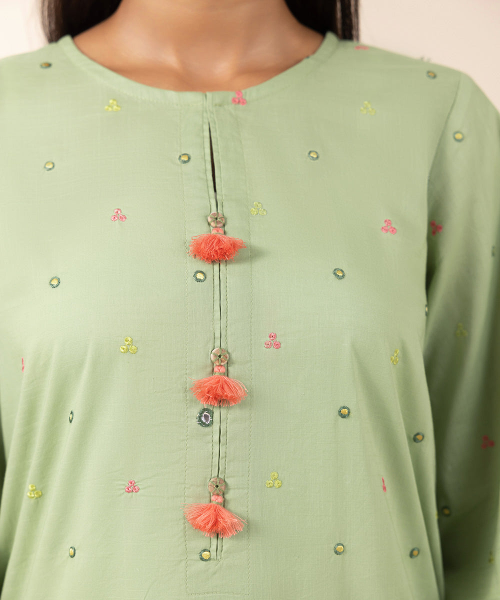 Women's Pret Cross Hatch Green Embroidered A-Line Shirt