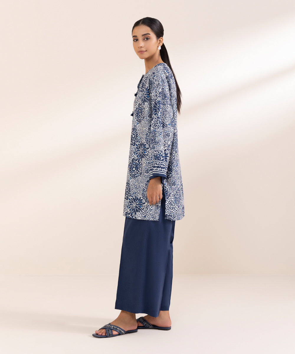 Women's Pret Cotton Viscose Blue Printed Boxy Shirt