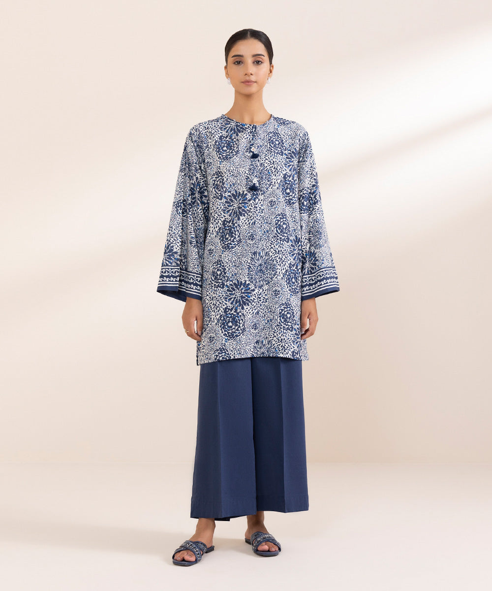 Women's Pret Cotton Viscose Blue Printed Boxy Shirt