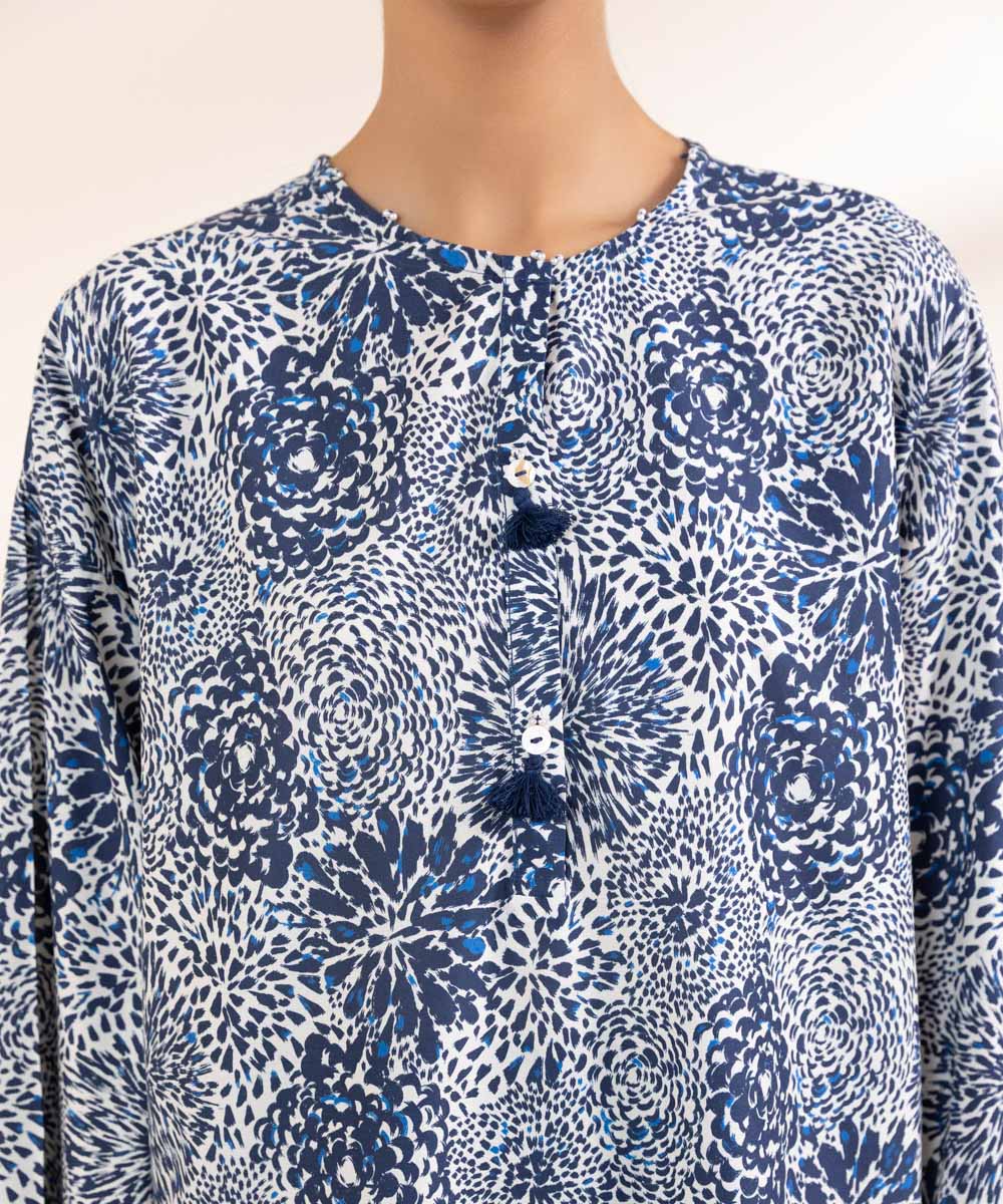 Women's Pret Cotton Viscose Blue Printed Boxy Shirt