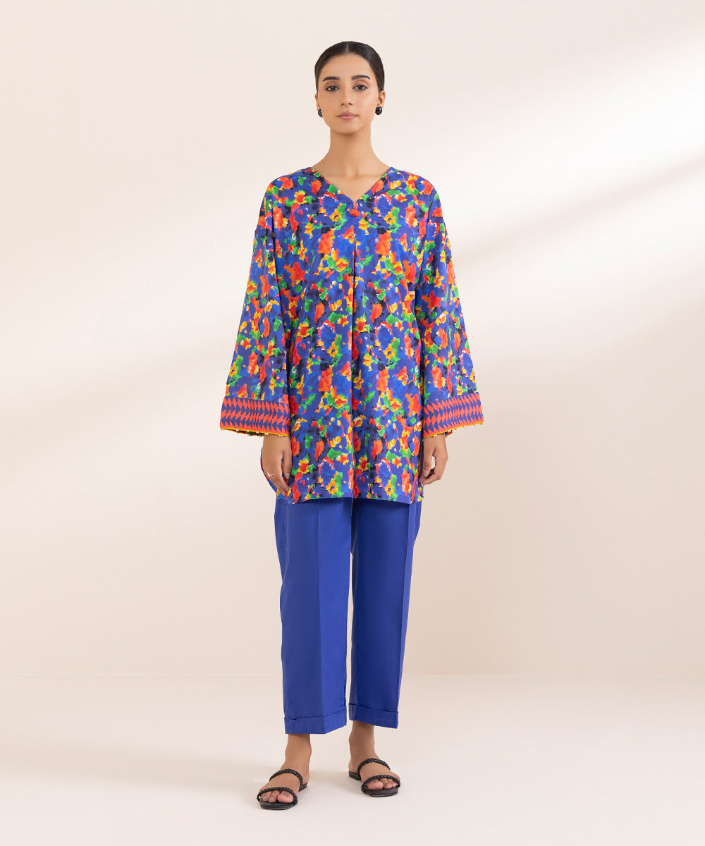 Women's Pret Cotton Viscose Blue Printed Boxy Shirt