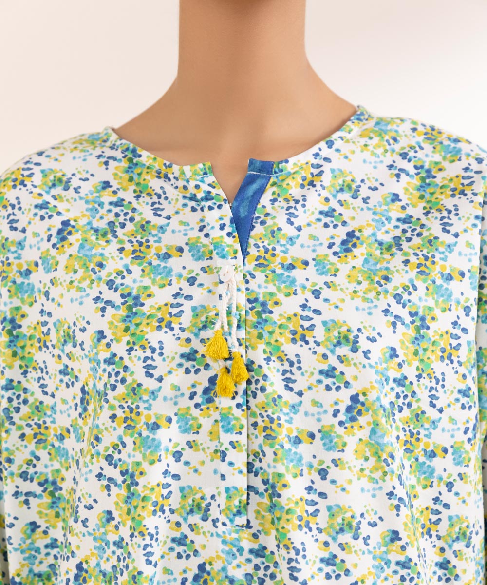 Women's Pret Cotton Viscose Blue Printed Boxy Shirt