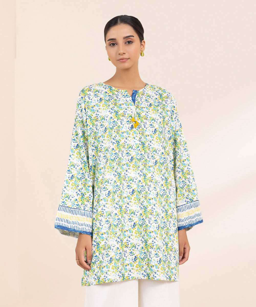 Women's Pret Cotton Viscose Blue Printed Boxy Shirt