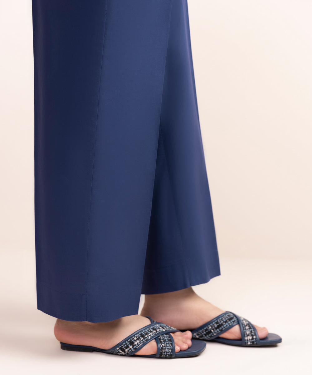 Women's Pret Cambric Blue Solid Straight Pants