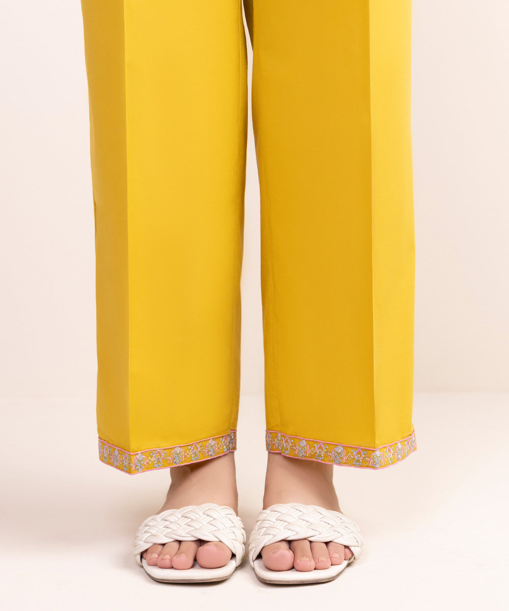 Women's Pret Cambric Yellow Embroidered Straight Pants