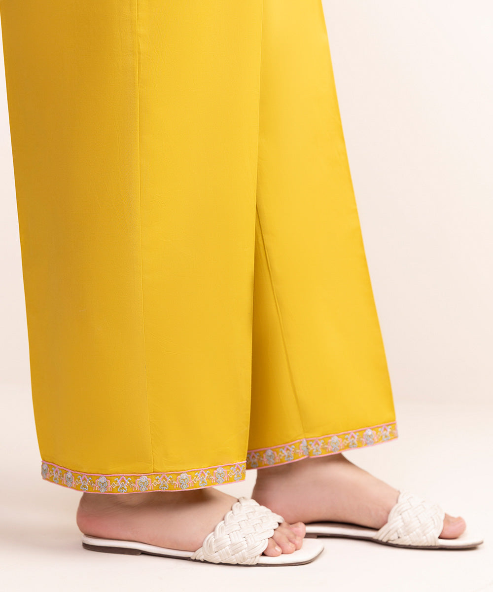 Women's Pret Cambric Yellow Embroidered Straight Pants