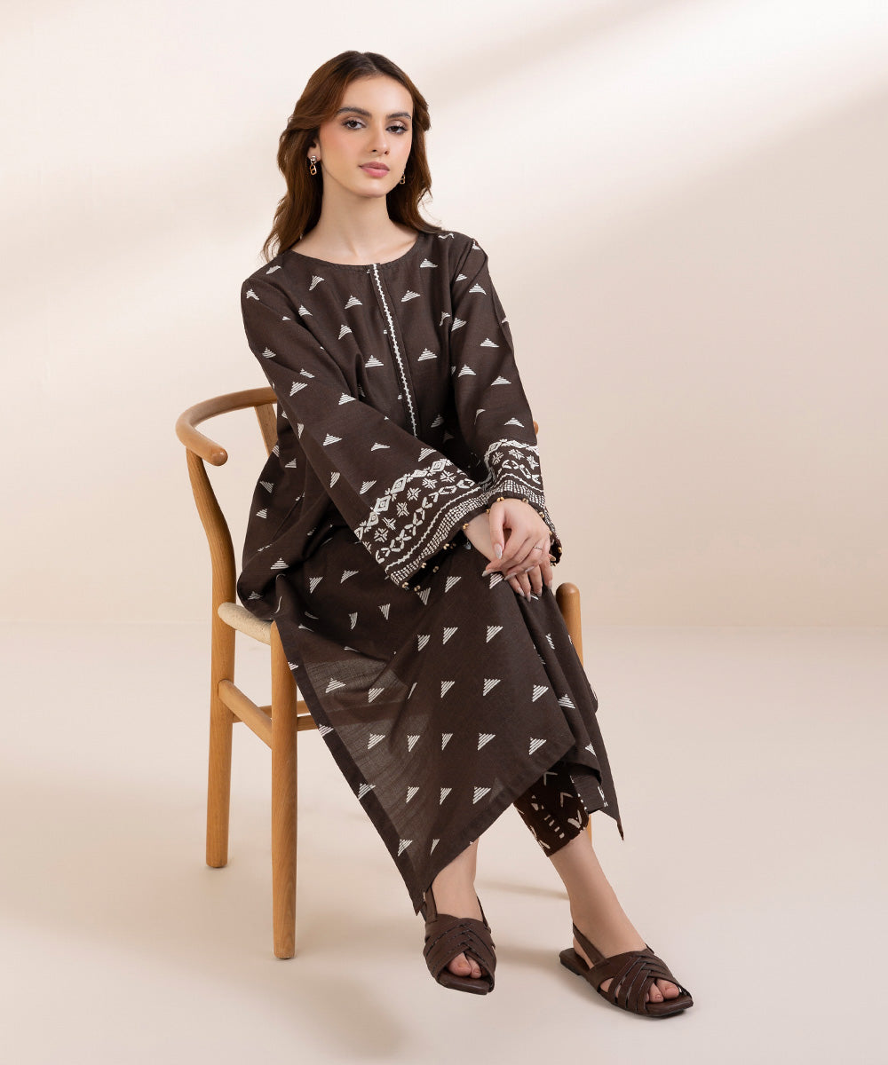 Women's Pret Khaddar Brown Printed A-Line Shirt