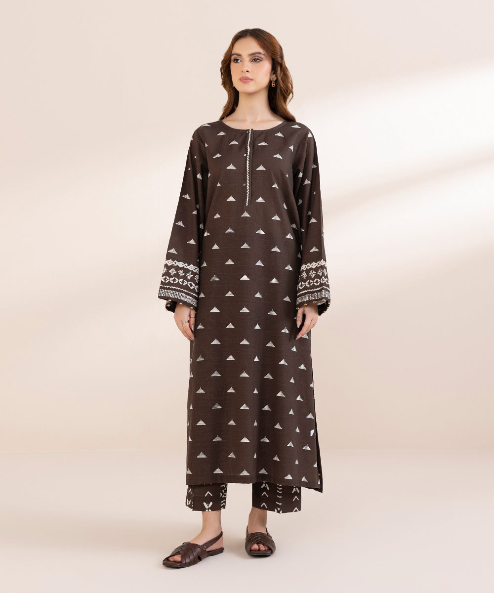 Women's Pret Khaddar Brown Printed A-Line Shirt