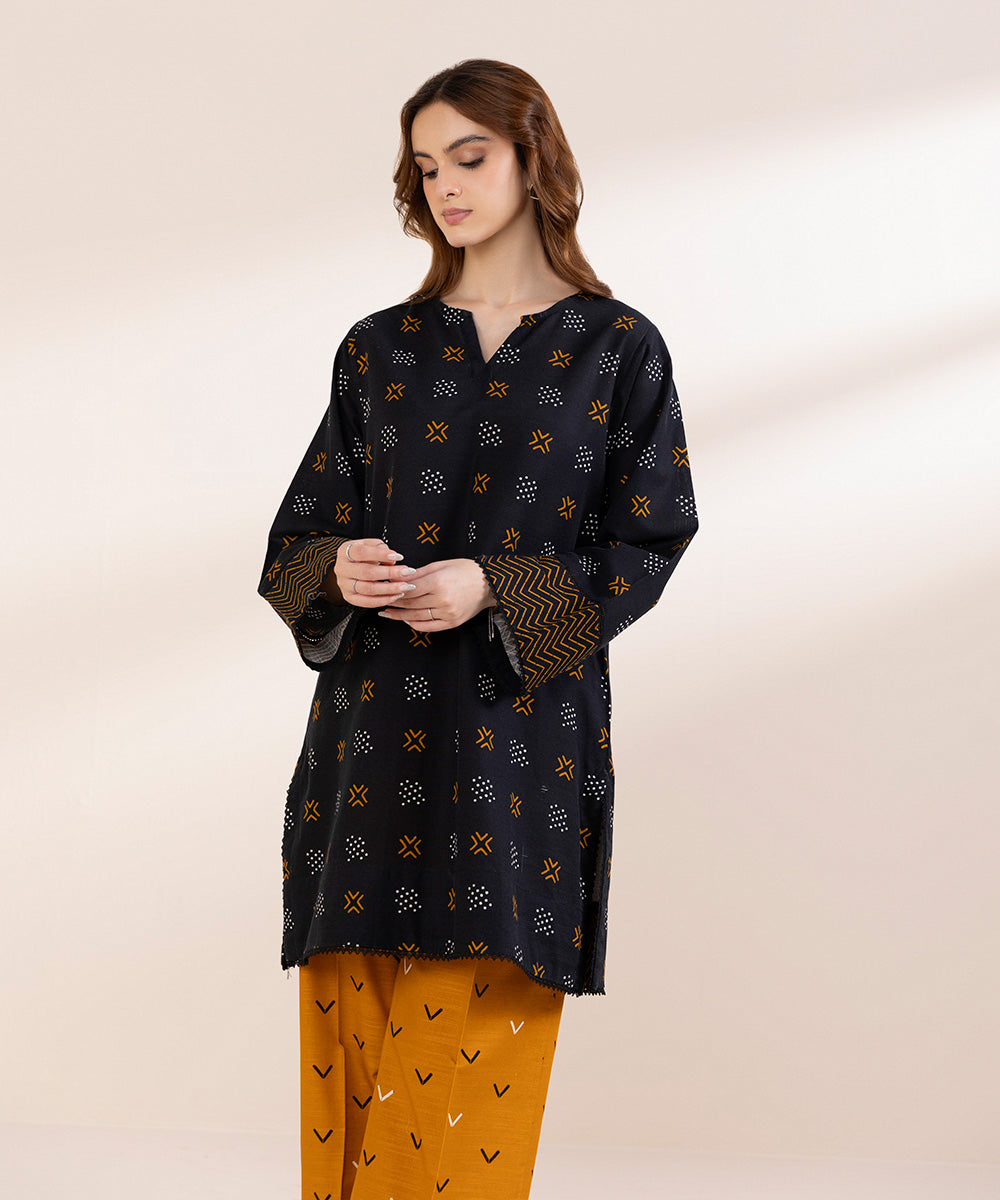 Women's Pret Khaddar Black Printed Boxy Shirt