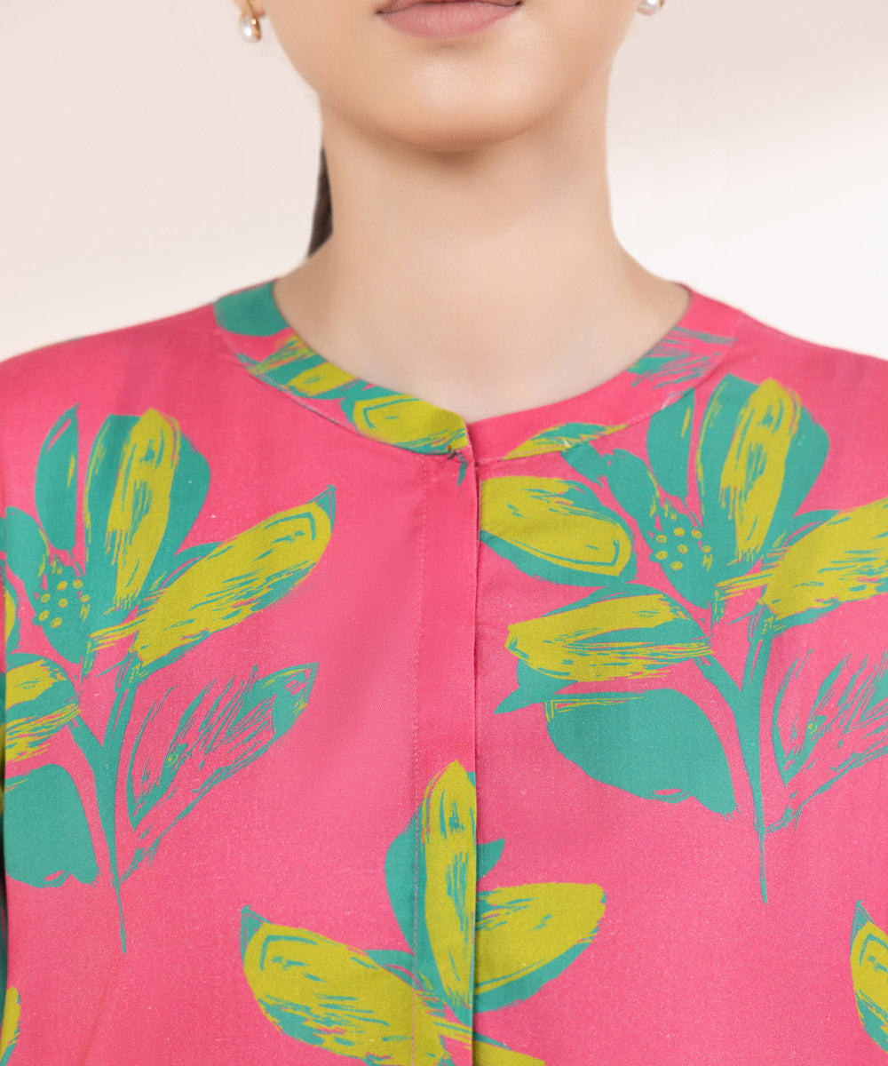 Women's Pret Linen Printed Flamingo Pink Straight Shirt