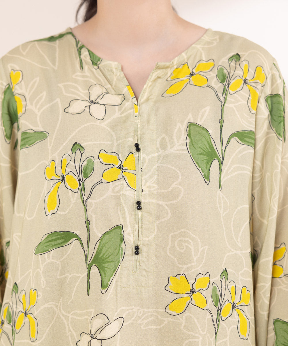 Women's Pret Linen Printed Sage Green A-Line Shirt