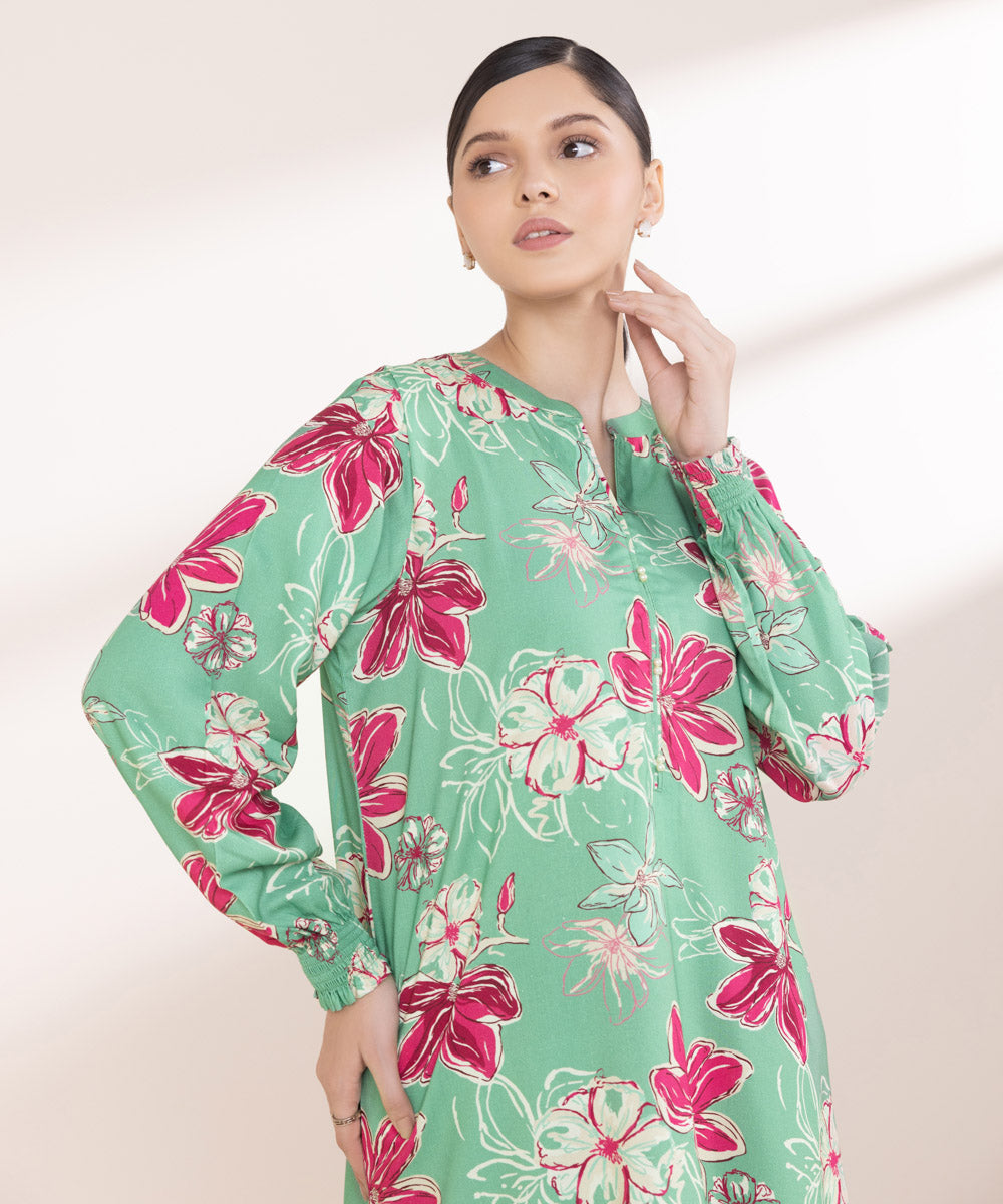 Women's Pret Linen Printed Sea Green A-Line Shirt