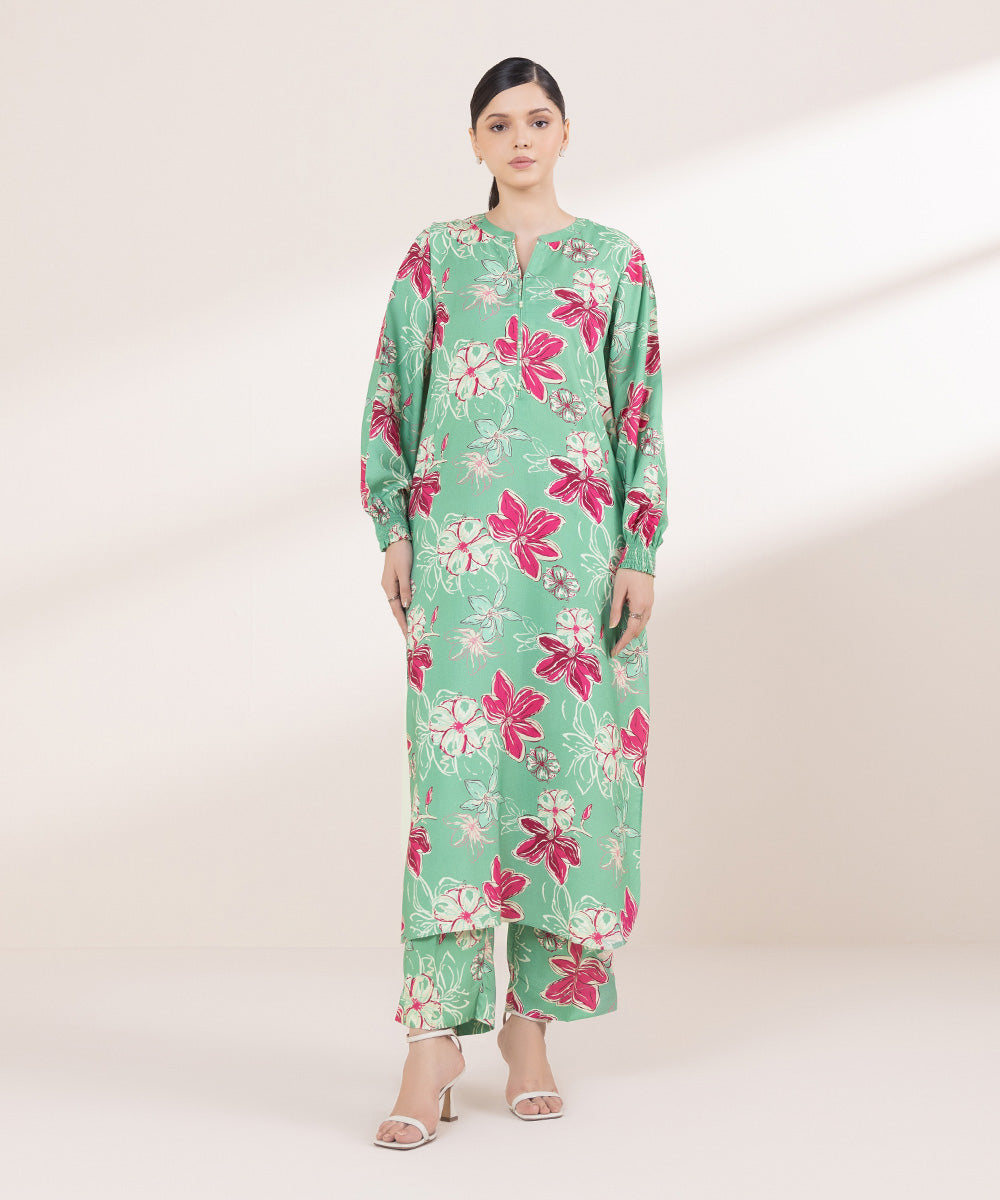 Women's Pret Linen Printed Sea Green A-Line Shirt