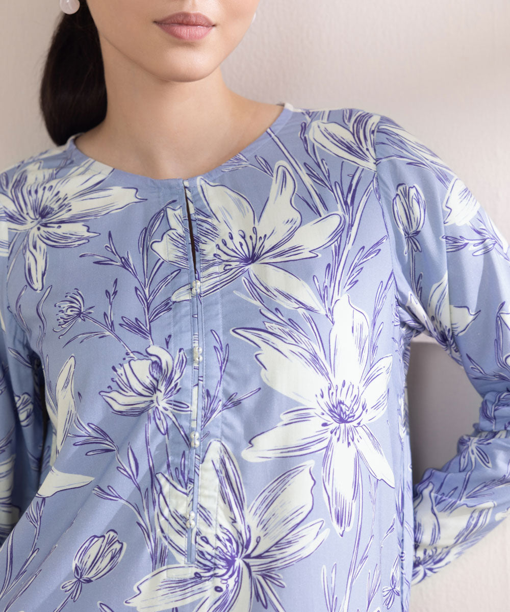 Women's Pret Linen Printed Light Indigo Straight Shirt