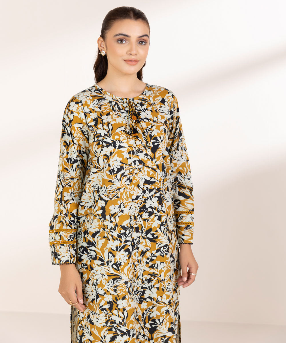 Women's Pret Khaddar Printed Mustard A-Line Shirt