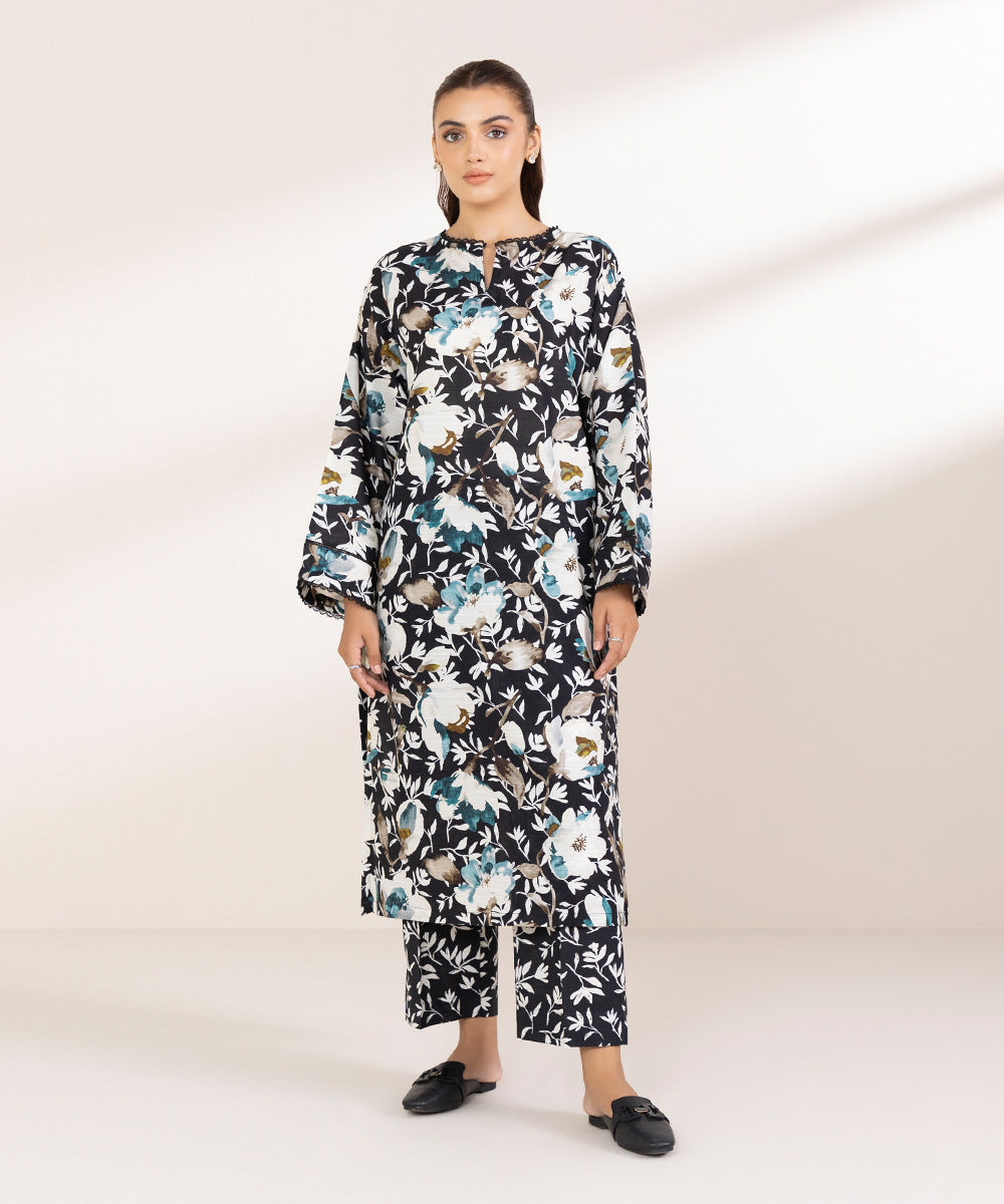 Women's Pret Khaddar Printed Black A-Line Shirt