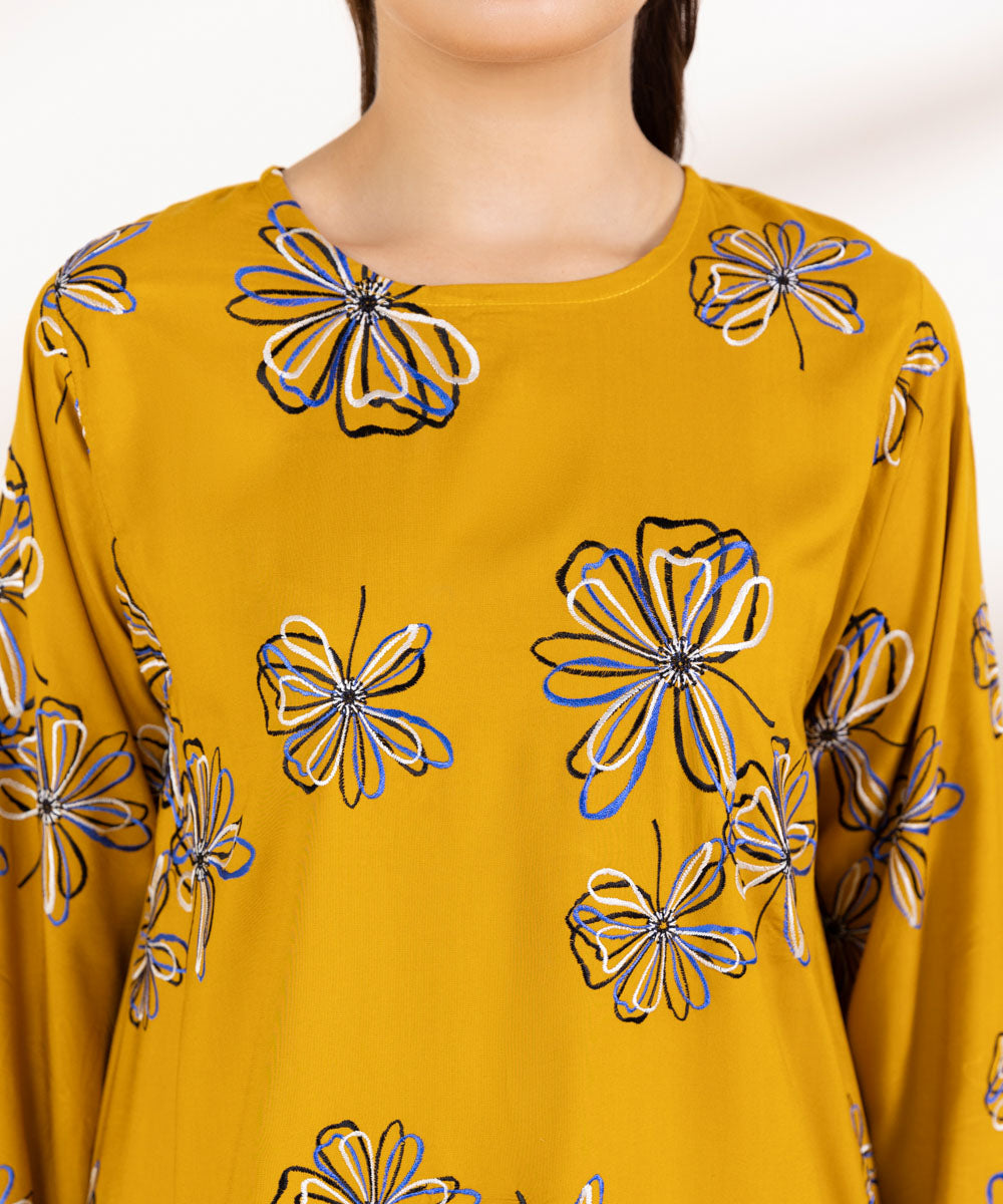 Women's Pret Linen Embroidered Mustard Boxy Shirt