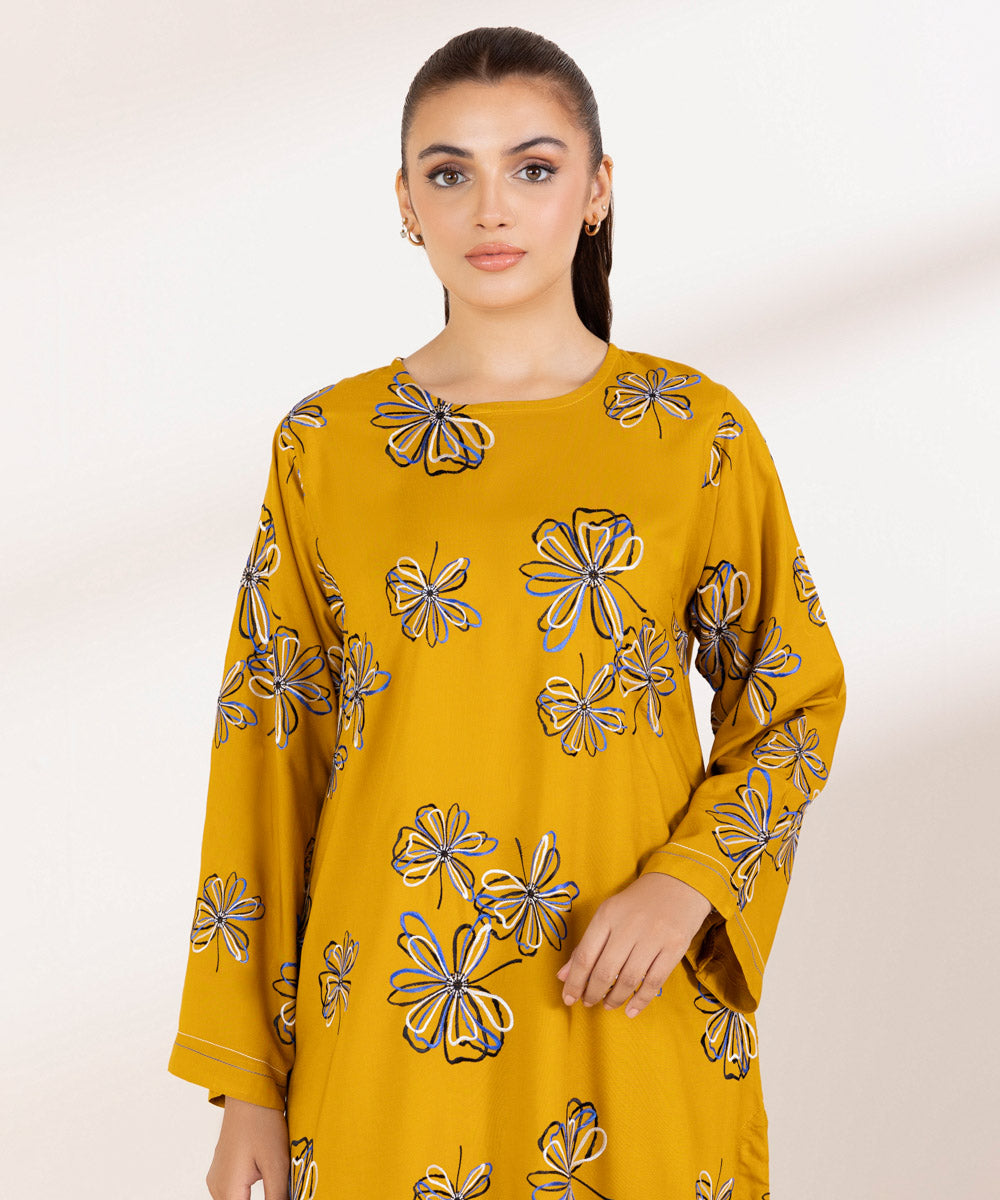 Women's Pret Linen Embroidered Mustard Boxy Shirt