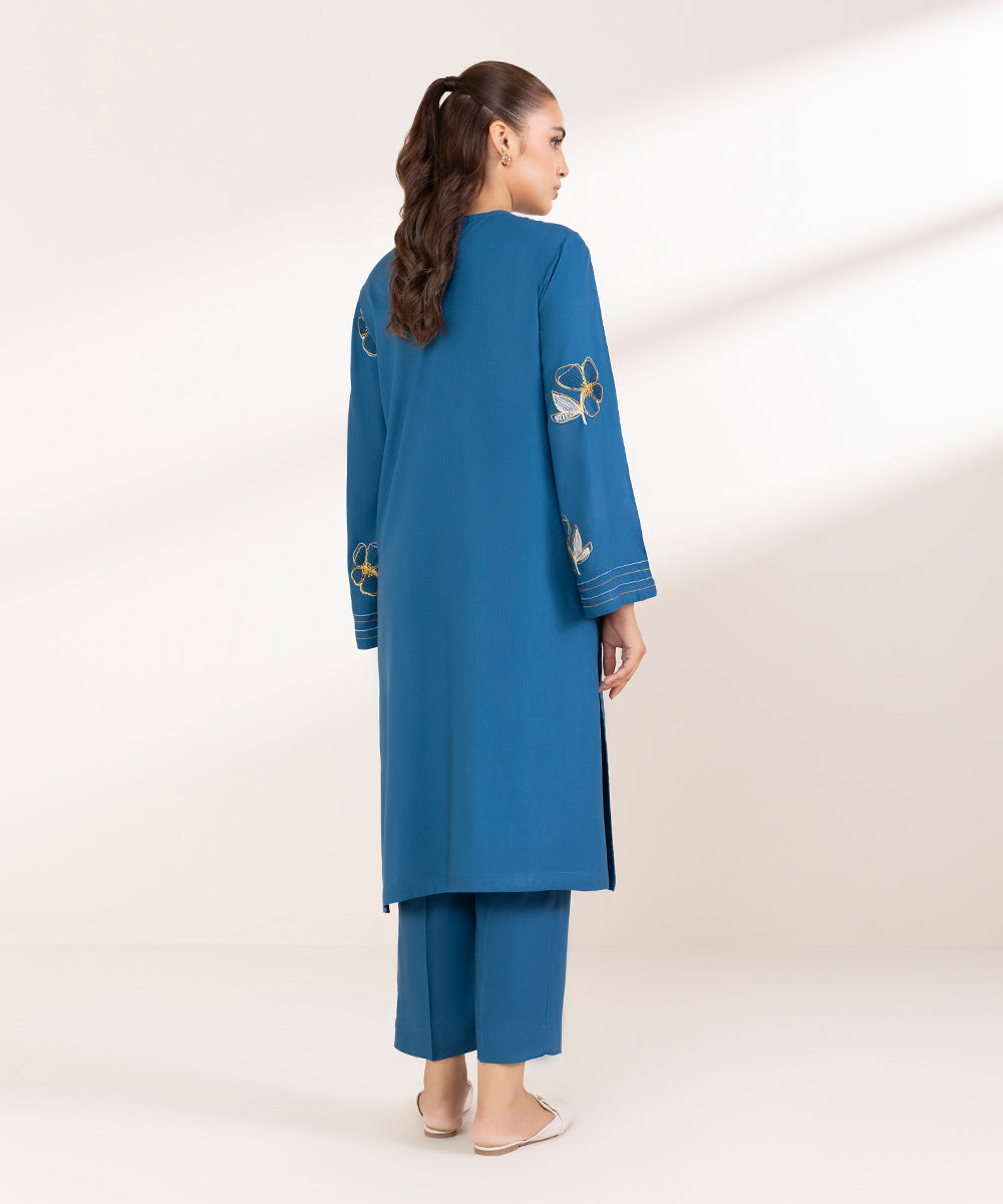 Women's Pret Linen Embroidered Teal Straight Shirt