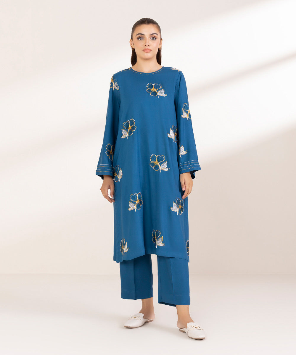 Women's Pret Linen Embroidered Teal Straight Shirt