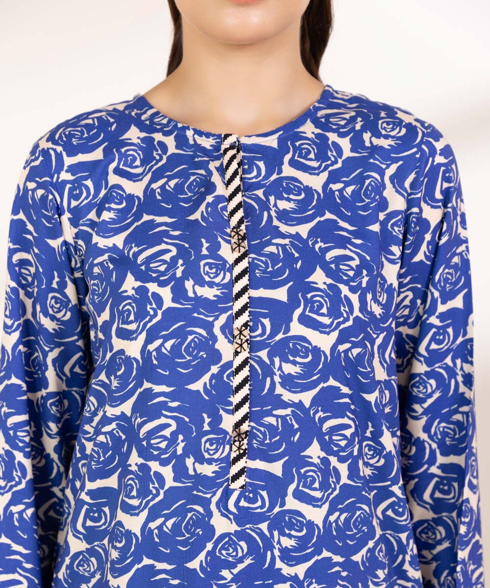 Women's Pret Linen Printed Beige And Blue Straight Shirt