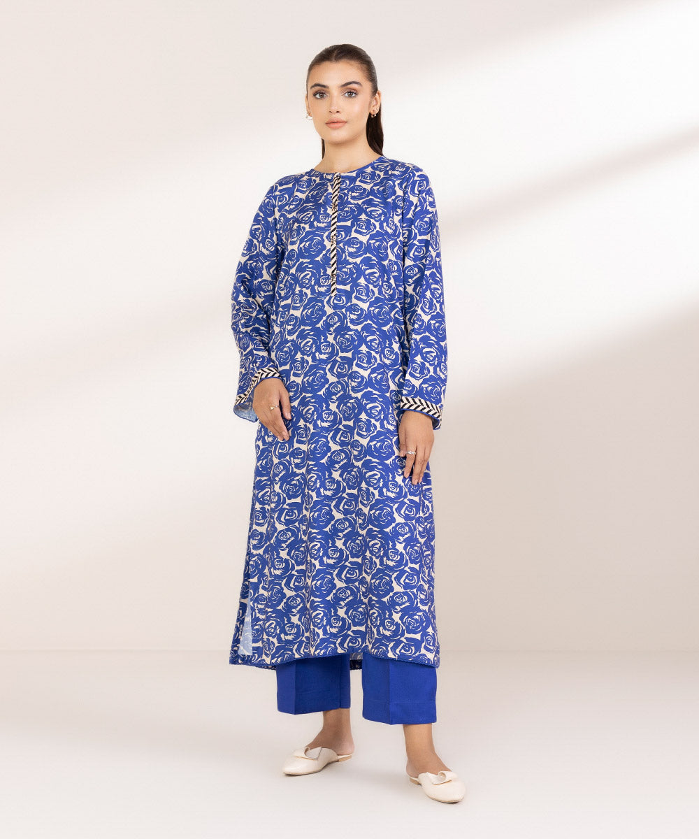 Women's Pret Linen Printed Beige And Blue Straight Shirt