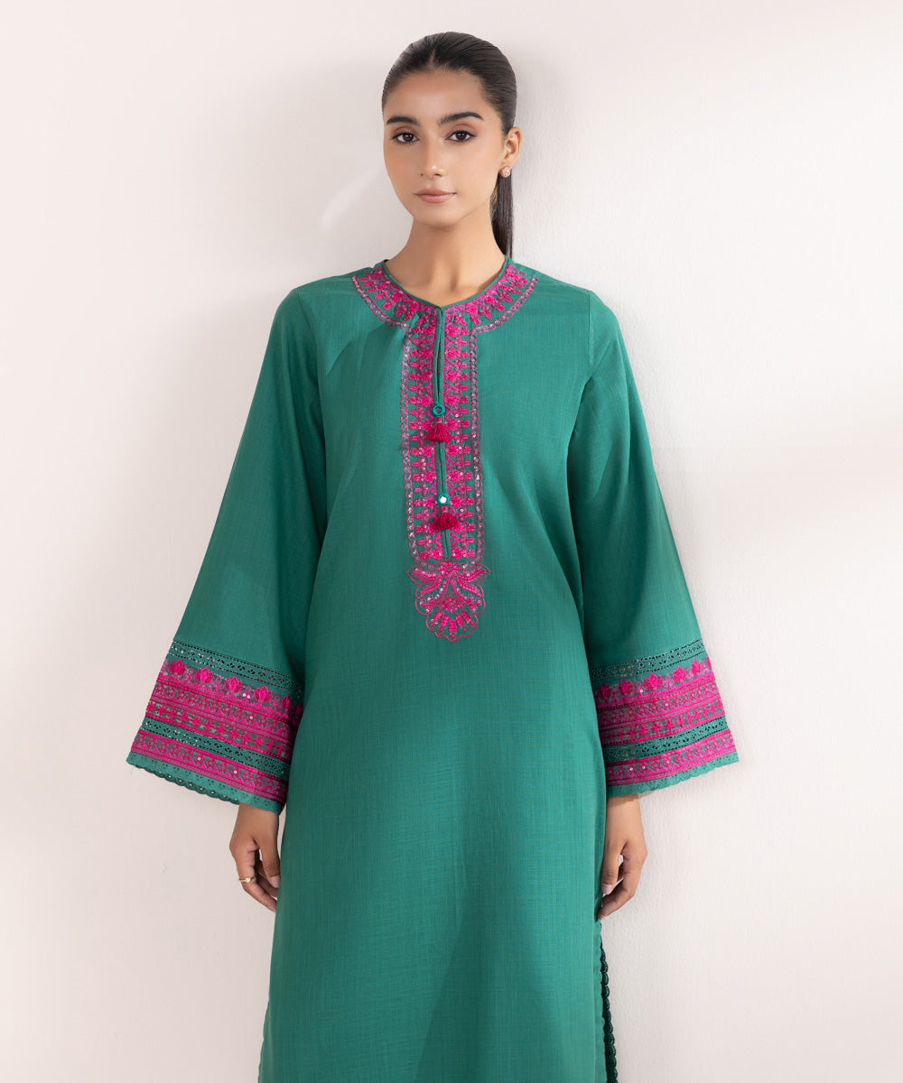 Women's Pret Khaddar Green Embroidered A-Line Shirt