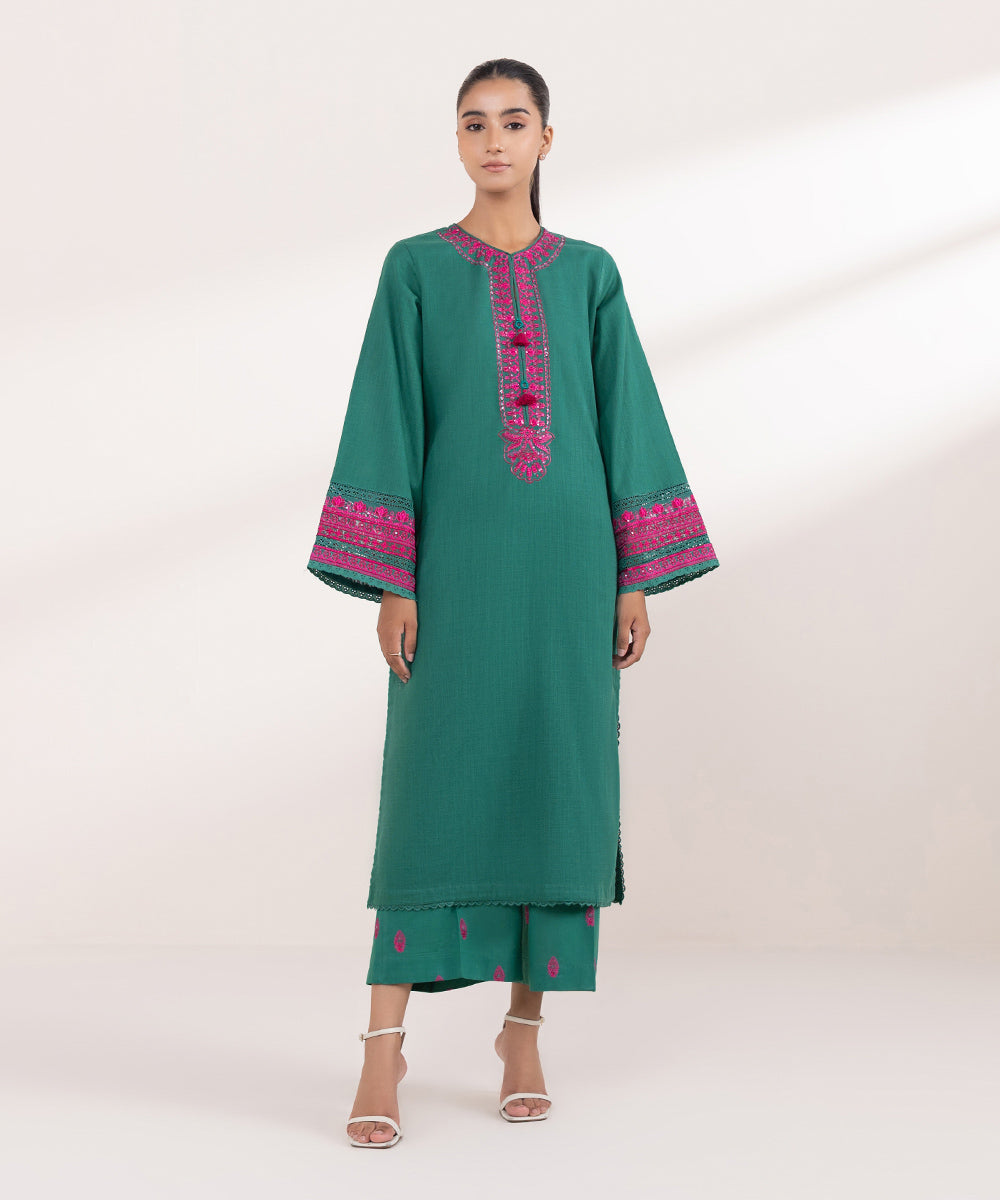 Women's Pret Khaddar Green Embroidered A-Line Shirt