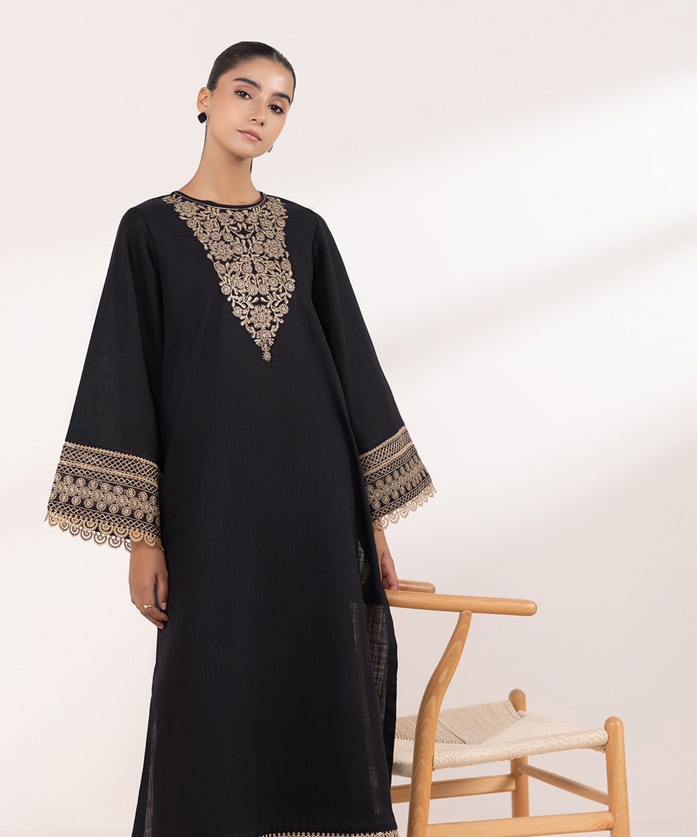 Women's Pret Khaddar Black Embroidered A-Line Shirt