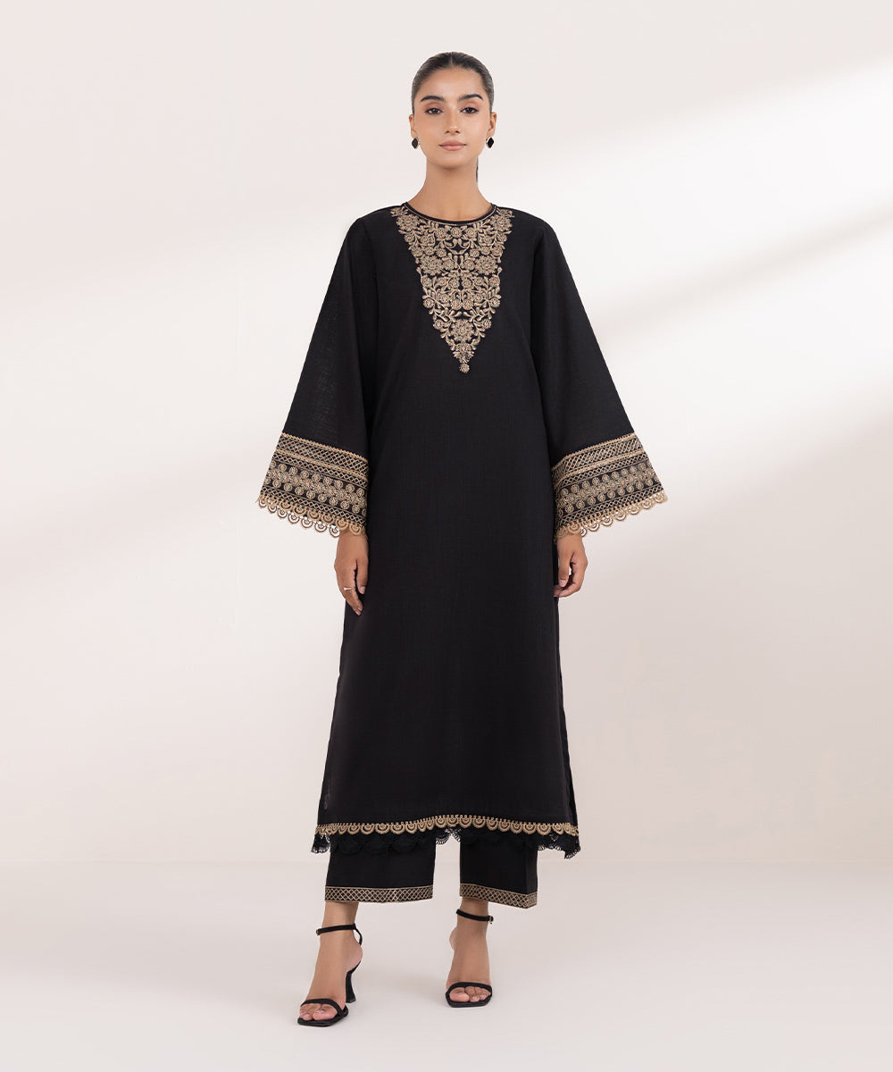 Women's Pret Khaddar Black Embroidered A-Line Shirt