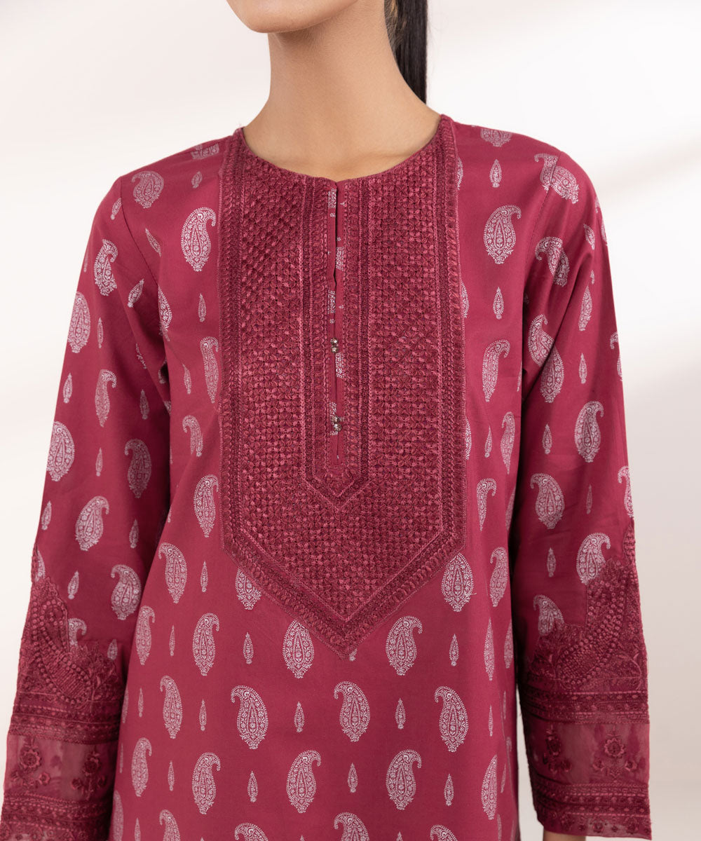 Women's Pret Cambric Red Embroidered Straight Shirt